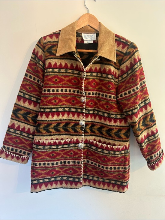 Vintage Jackets & Blazers - Vintage Southwestern Aztec Deborah Murray Red & Tan Patterned Wool Jacket